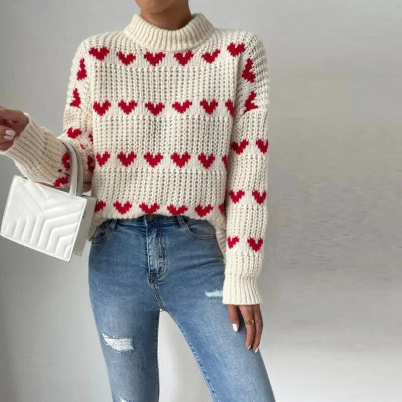 Amelie - Verspielter Strickpullover mit Herzmuster Für Damen Weiß