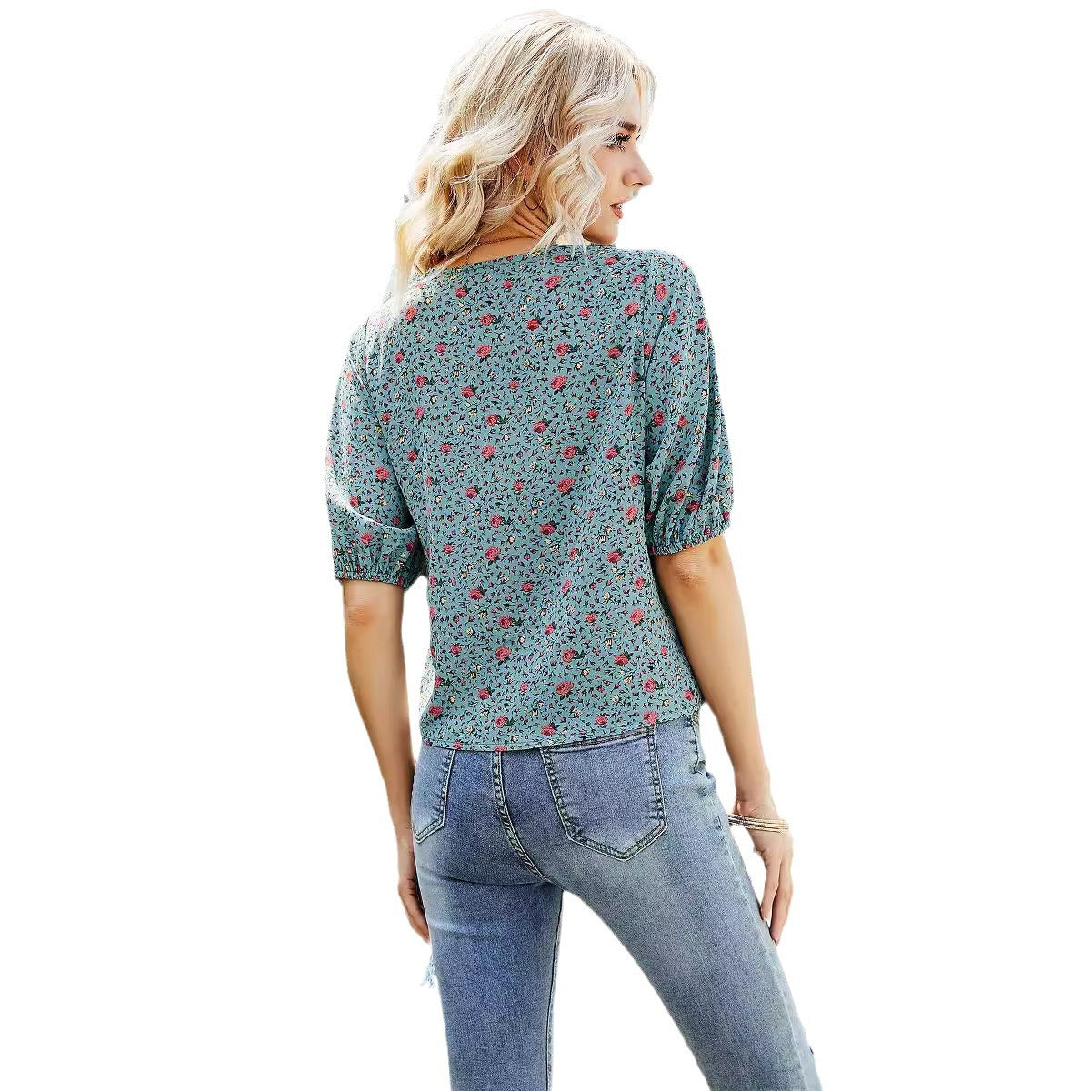 Angela- Damen Wickelbluse mit floralem Muster Blau 1