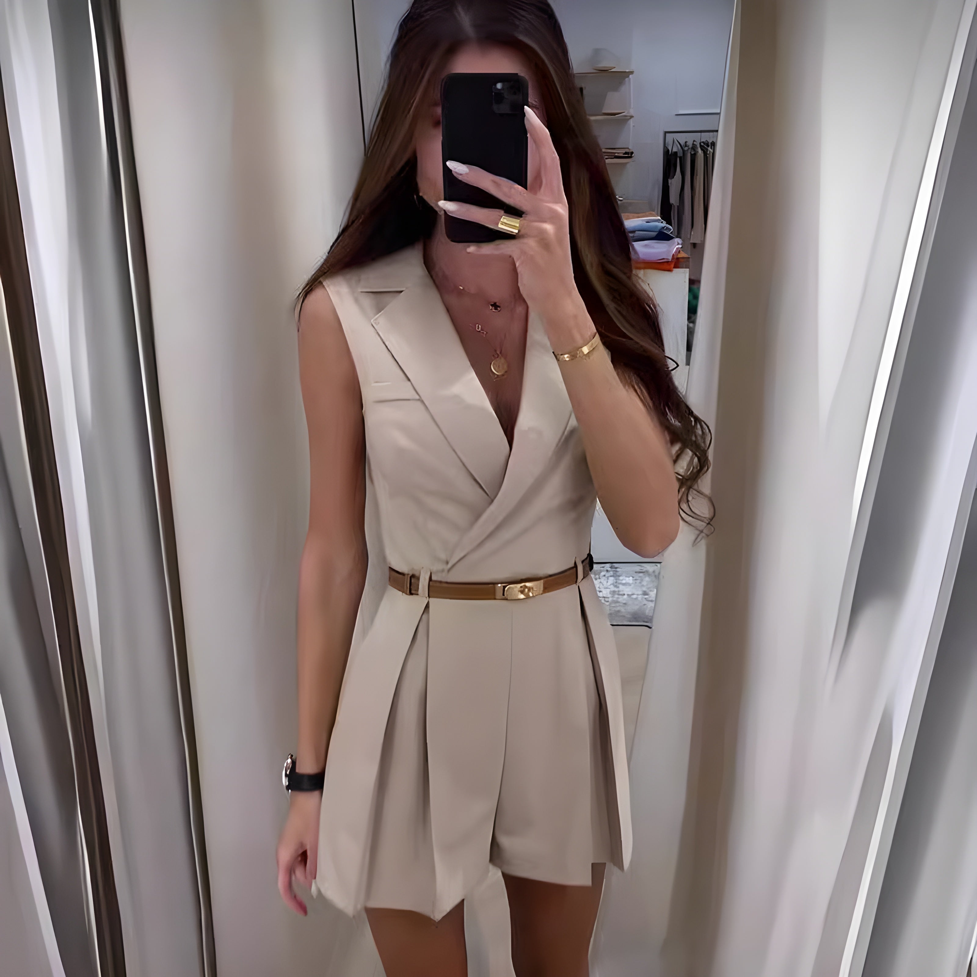 Angelika – Regina Romper mit Gürtel für Damen Beige