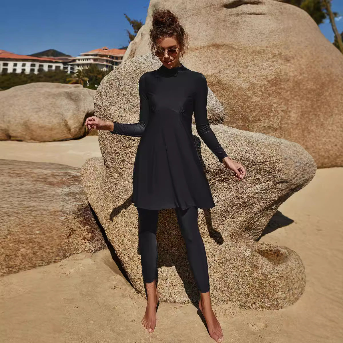Anna- Damen Sportliches Strandkleid mit langen Ärmeln Schwarz