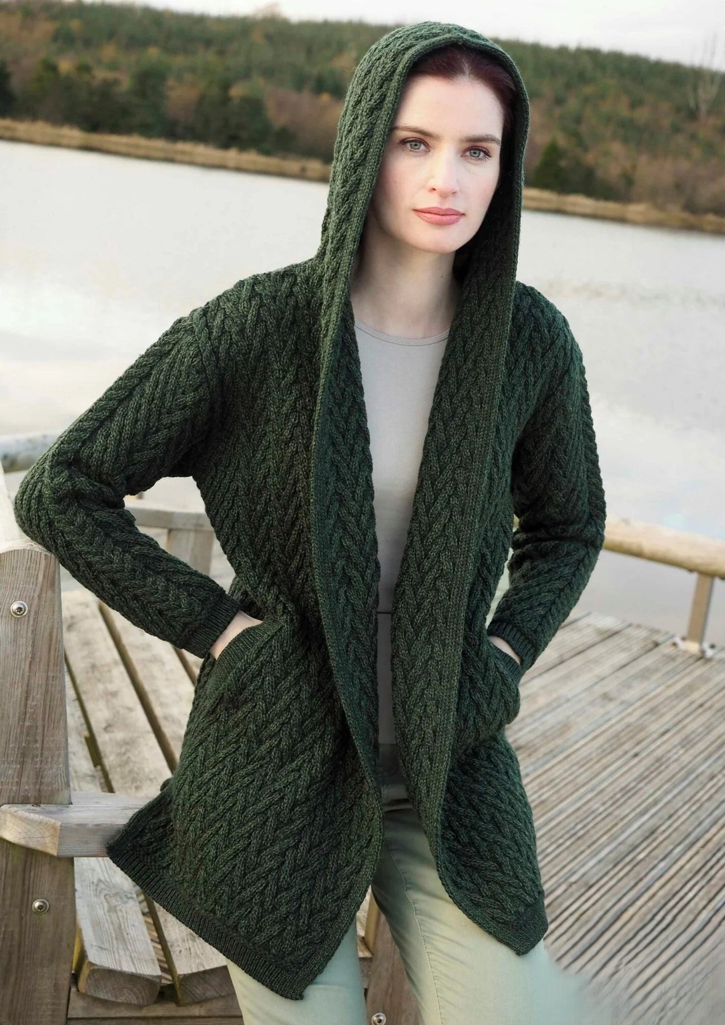 Bellina – Warmer Shawl-Hooded Aran Cardigan für Damen Grün