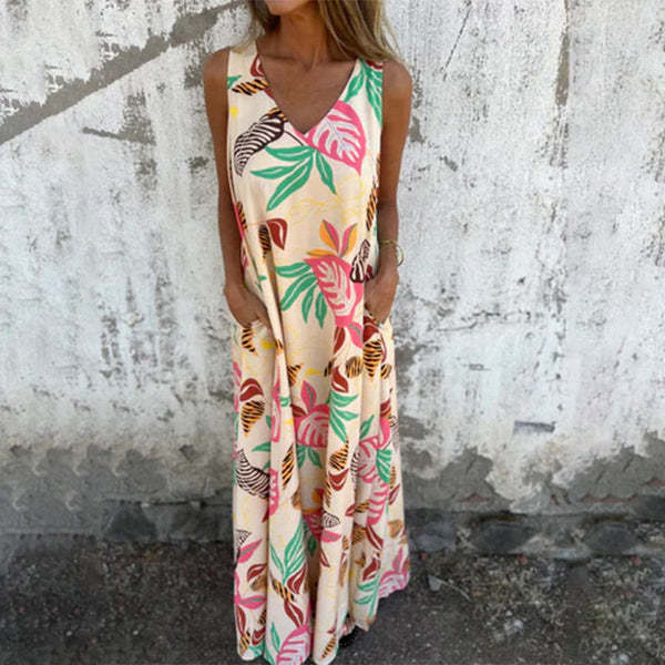 Branka- Damen Maxikleid mit floralem Design und Taschen Aprikose 1-0-cib