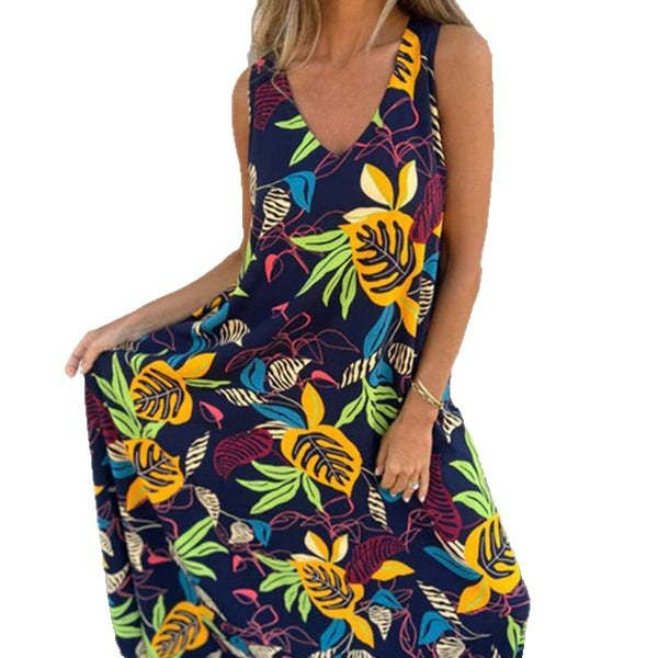 Branka- Damen Maxikleid mit floralem Design und Taschen Dunkelblau