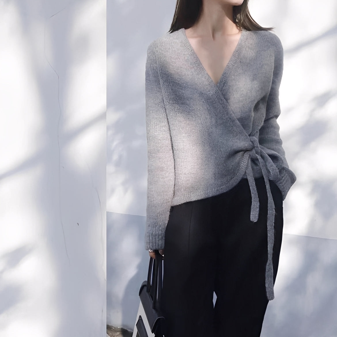 Brunhilde - Modischer einseitig geschnittener Damenpullover Grau