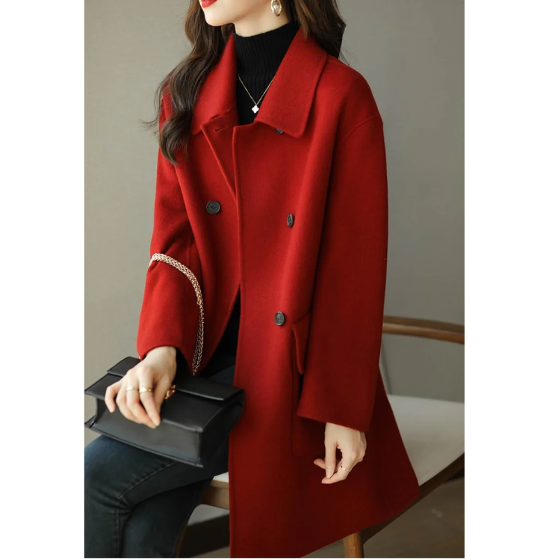 Gina - Eleganter Zweireihiger Damenmantel mit Kragen & Taschen