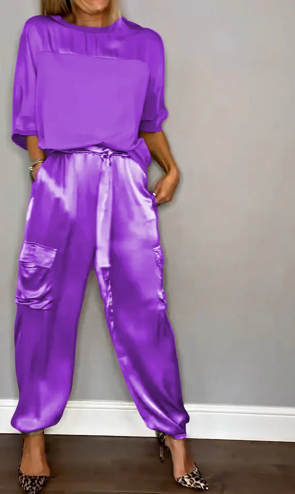 Cäciliane – Satin Set mit Top und Hose Lila
