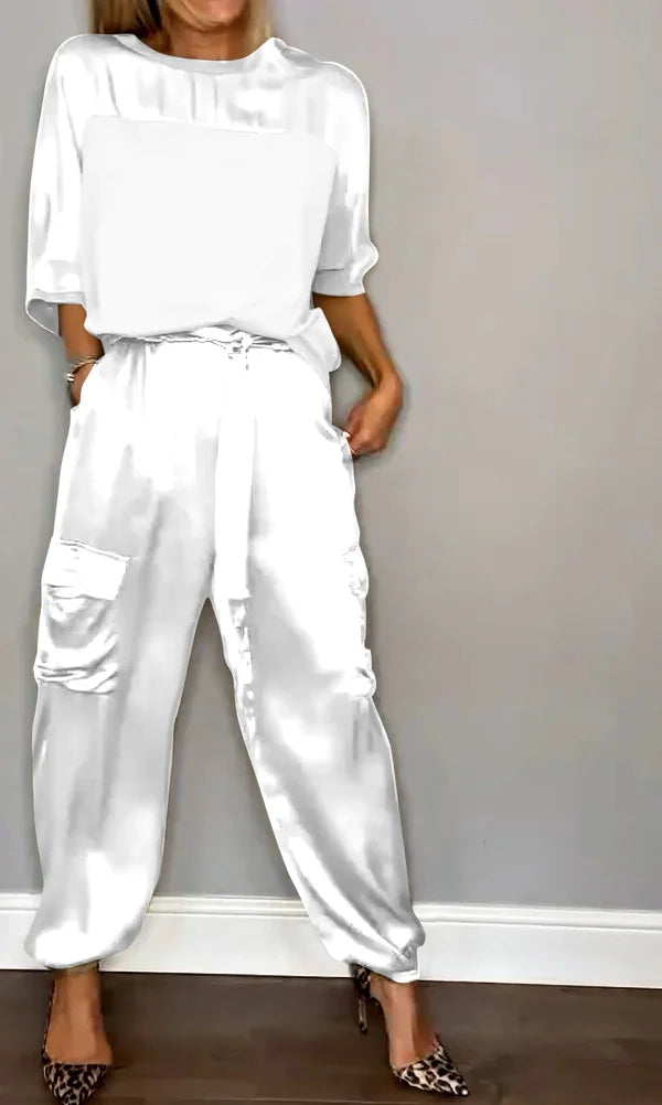 Cäciliane – Satin Set mit Top und Hose Weiß