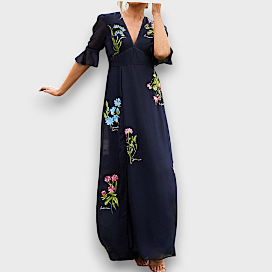 Carina – Besticktes Maxikleid mit floraler Eleganz Schwarz 2