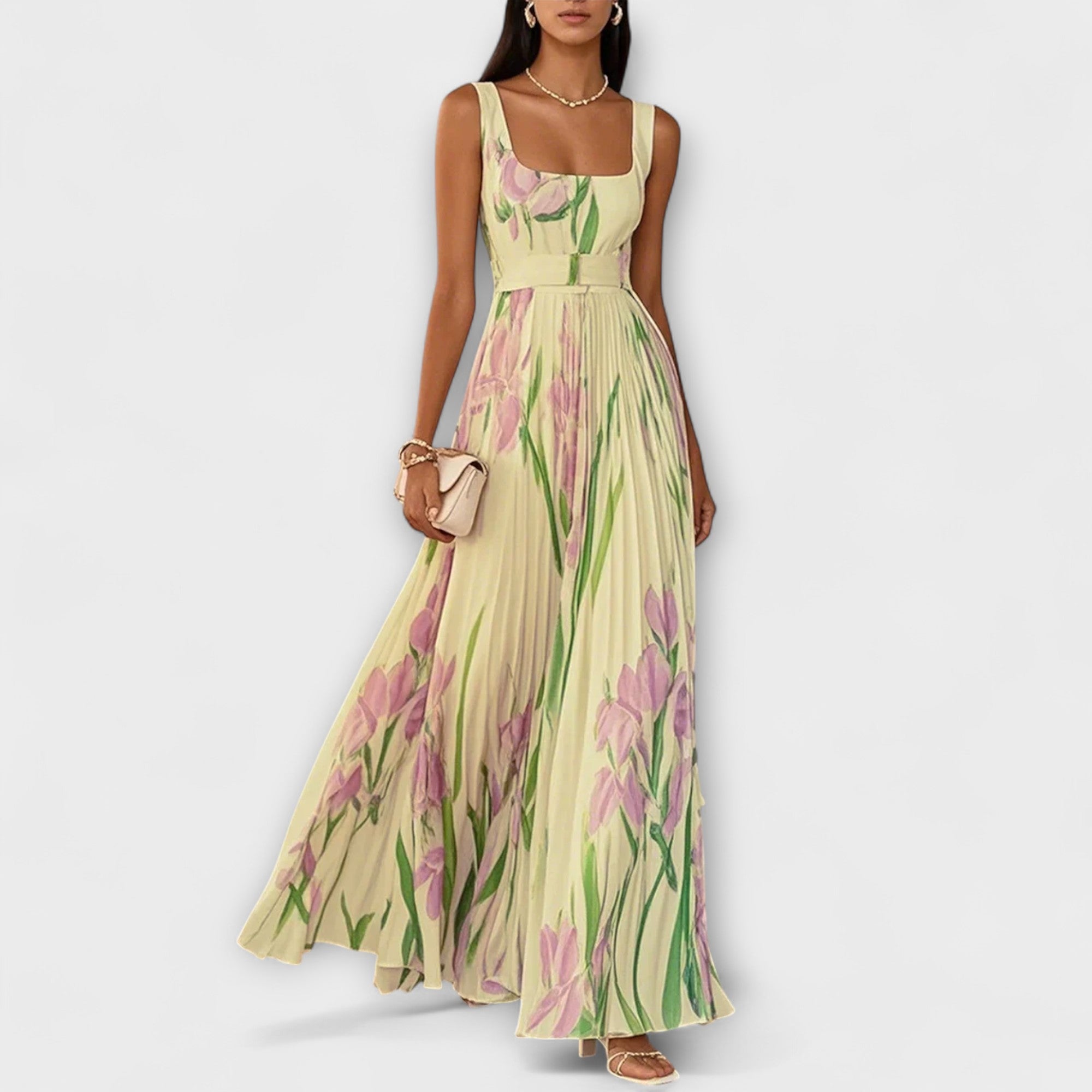 Carintha - Gefaltetes florales Chiffon Maxikleid Gelb