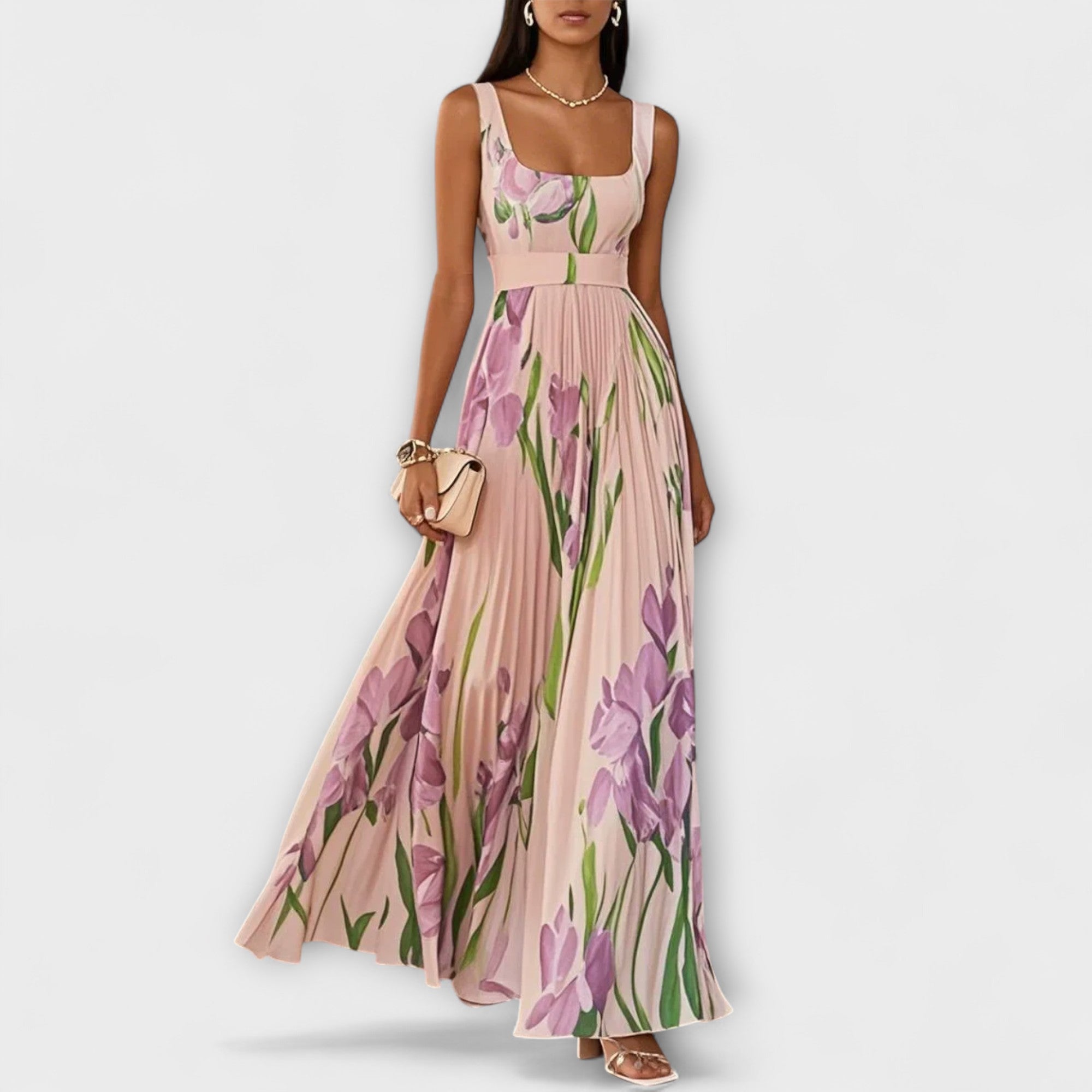Carintha - Gefaltetes florales Chiffon Maxikleid Rosa
