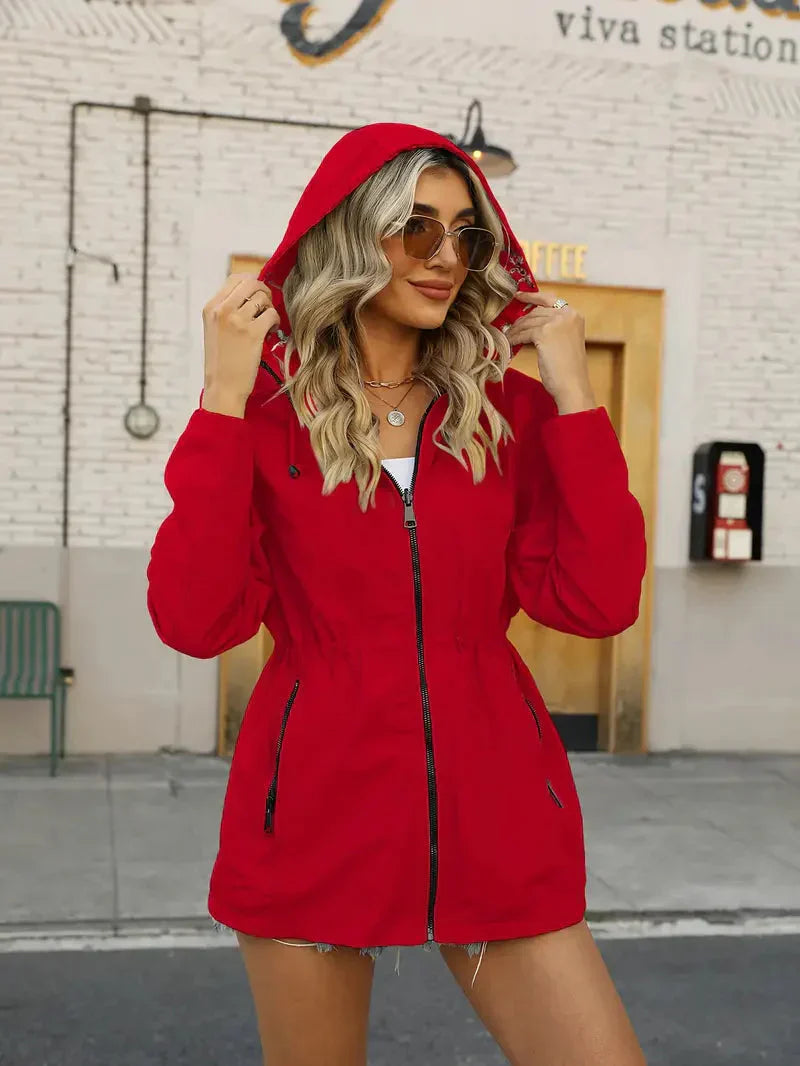 Carlotta - Damen Sommerjacke Blütenprint Mit Kapuze Rot