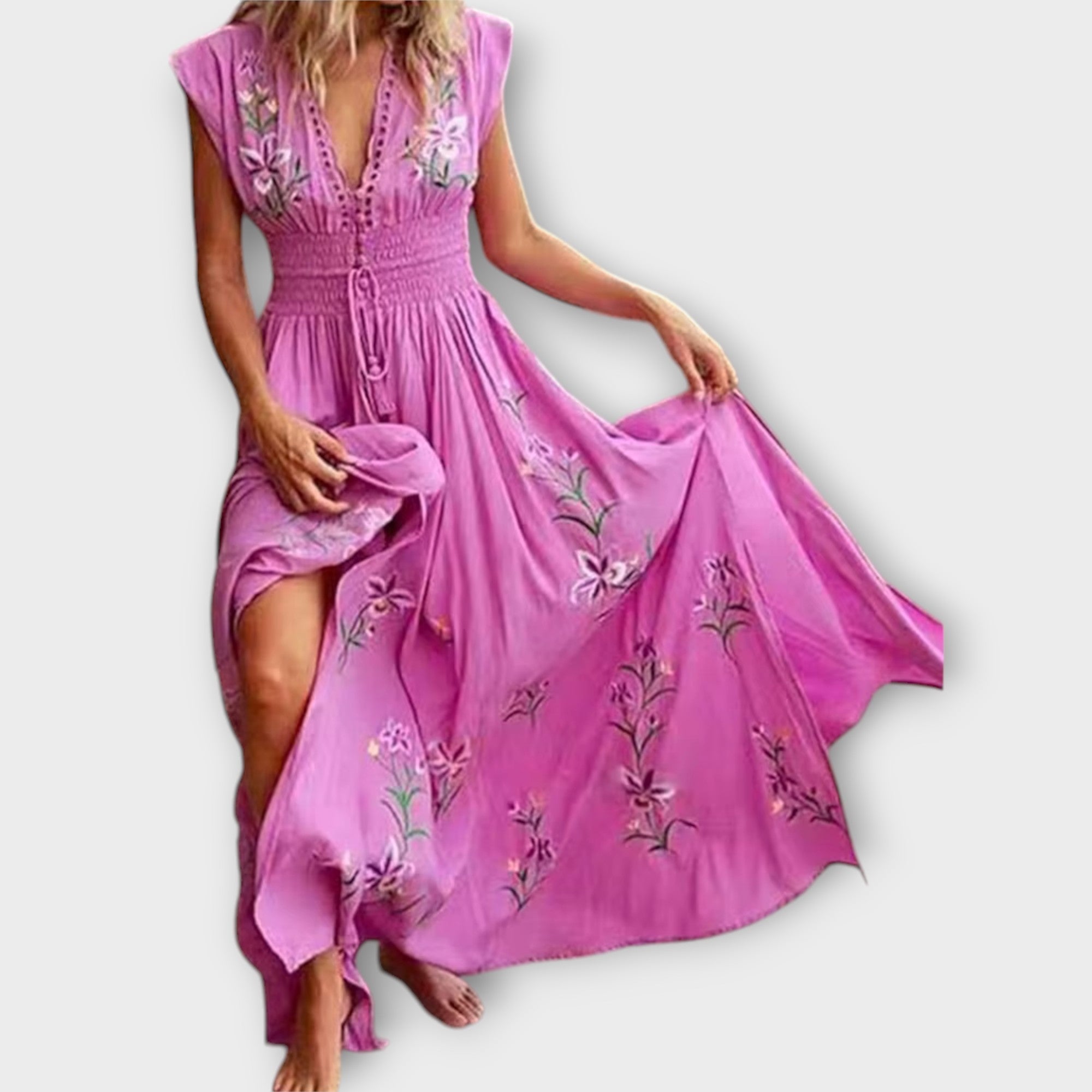 Chantal – Boho-Kleid mit zauberhaften Stickereien Hellrosa