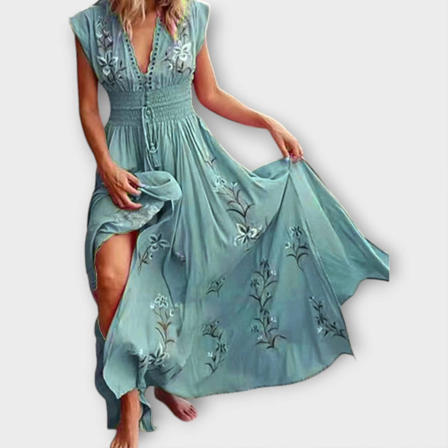 Chantal – Boho-Kleid mit zauberhaften Stickereien Türkisblau