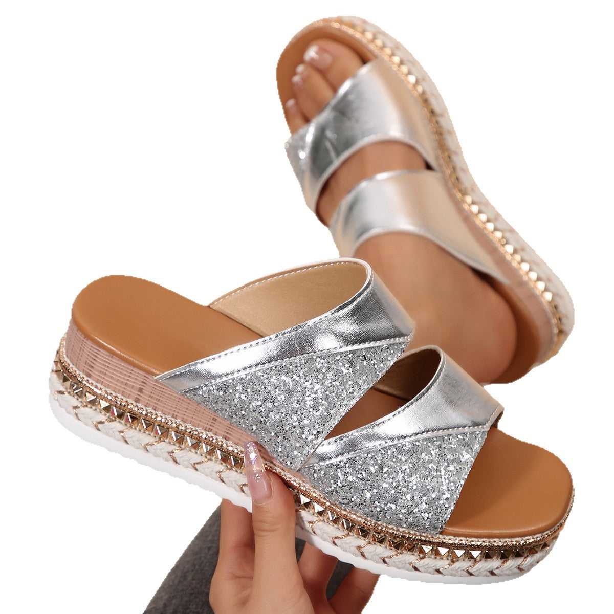 Charlotte- Damen Glamouröse Wedge Pantoletten mit funkelndem Strassbesatz 5