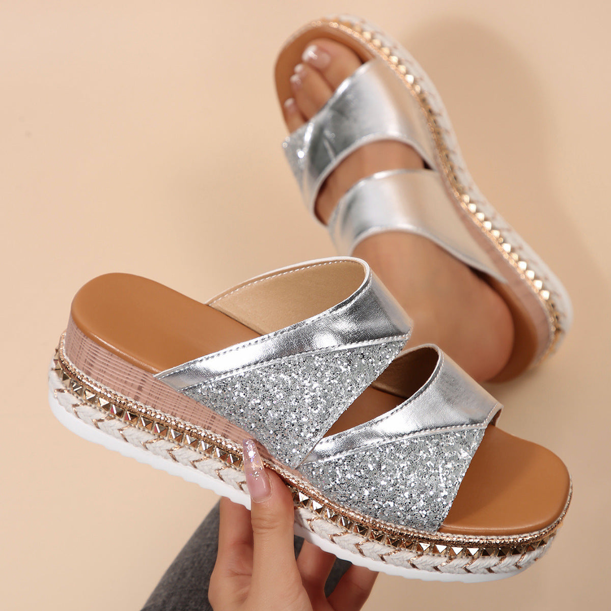 Charlotte- Damen Glamouröse Wedge Pantoletten mit funkelndem Strassbesatz 6