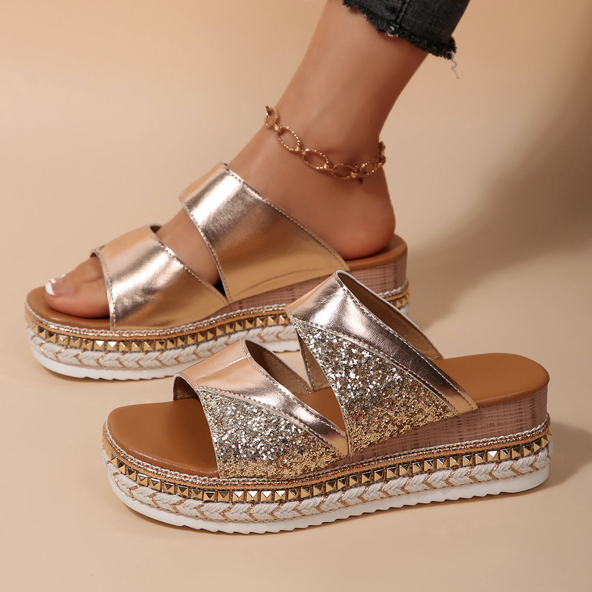 Charlotte- Damen Glamouröse Wedge Pantoletten mit funkelndem Strassbesatz 8