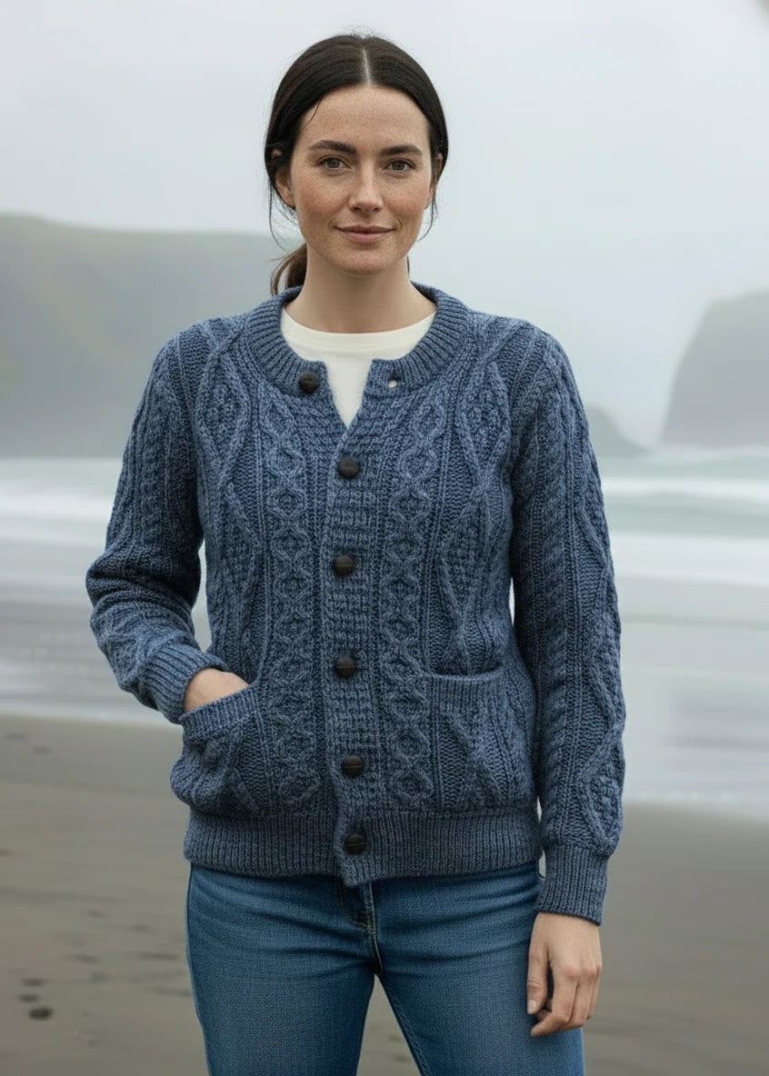 Christa - Damen Aran Strick-Cardigan Komfortabel Jeansstoff
