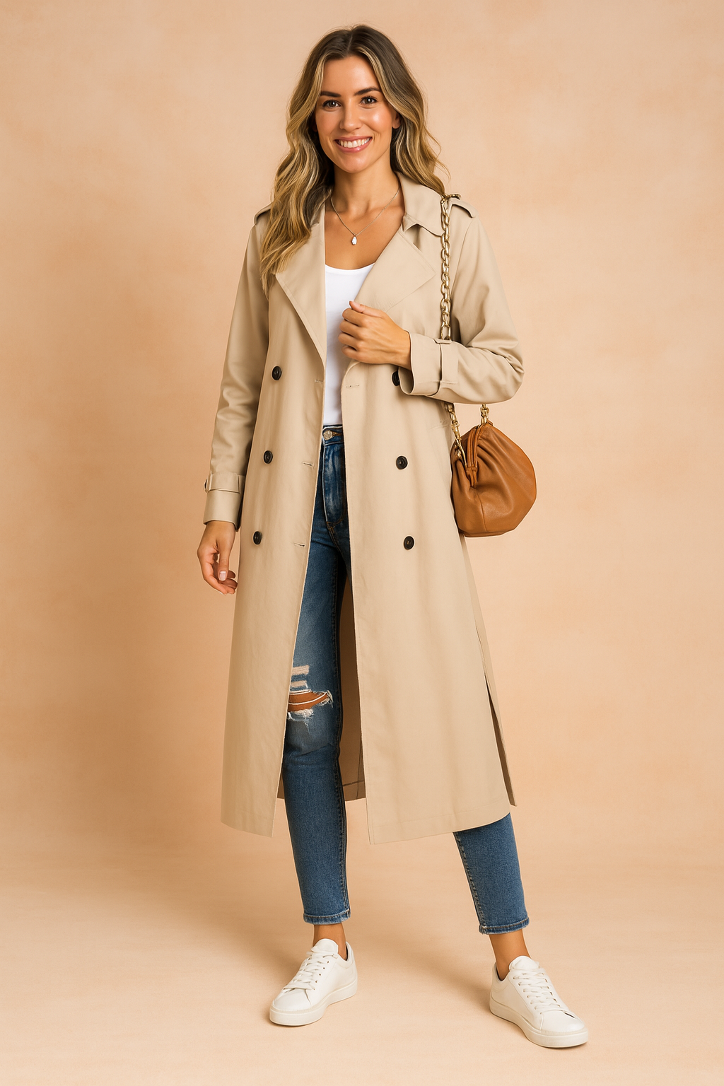 Chrysandra - Damen Langer Trenchcoat Urban Style Khaki