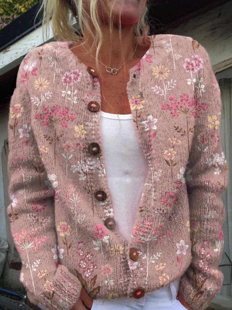 Michaela - Damen Strickjacke Baumwolle Blumenmuster Elegant