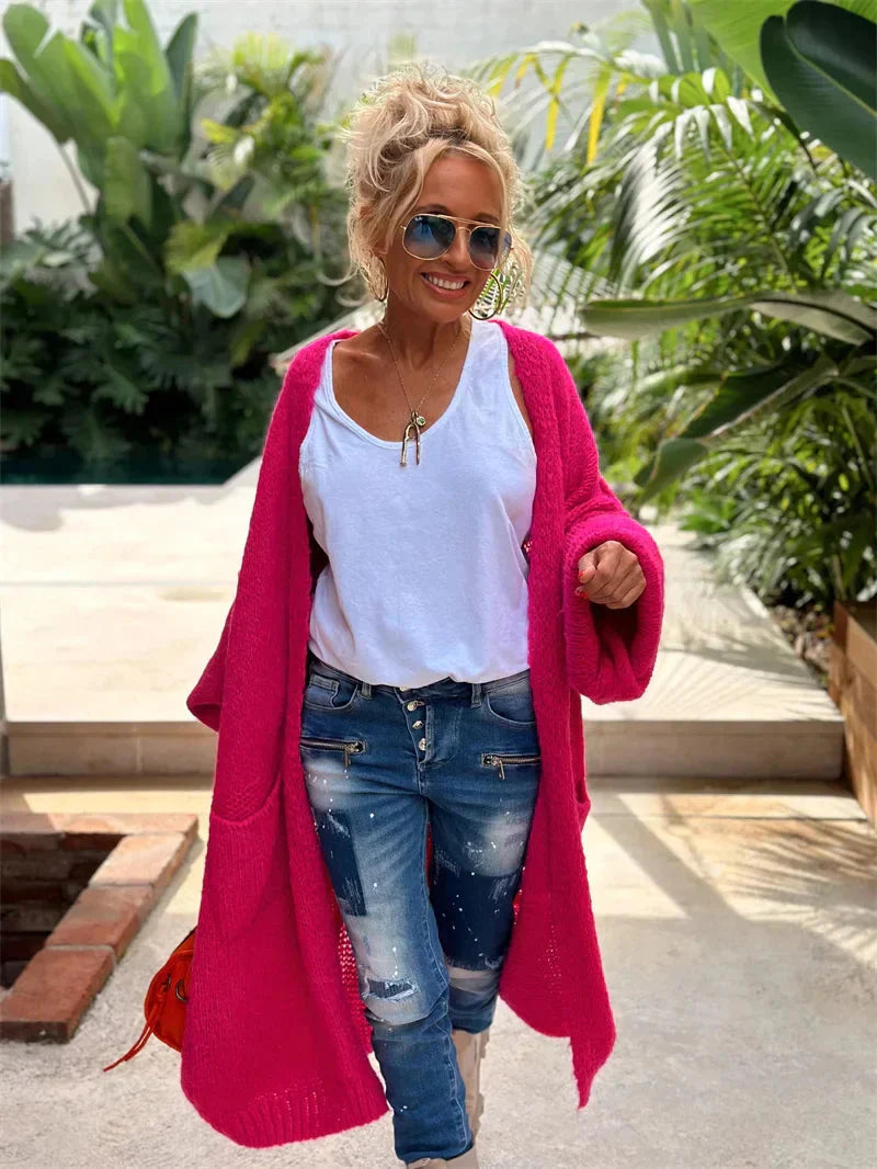 Finja - Damen Lange Strickjacke im Hippie-Stil