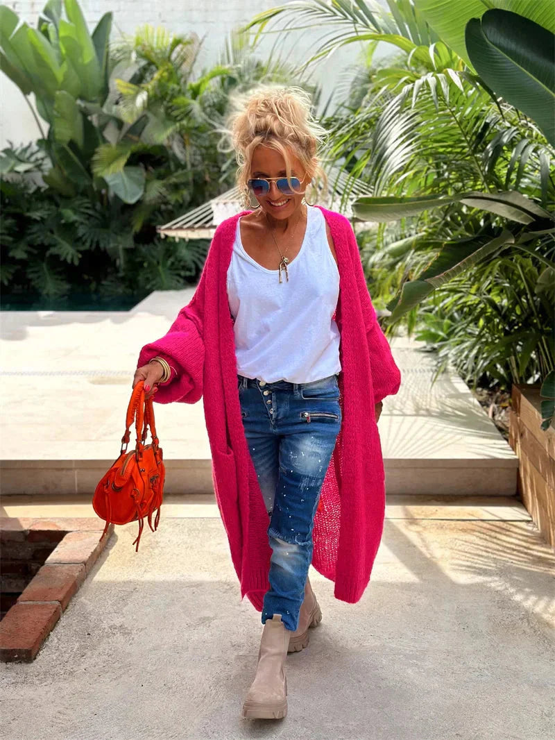 Finja - Damen Lange Strickjacke im Hippie-Stil