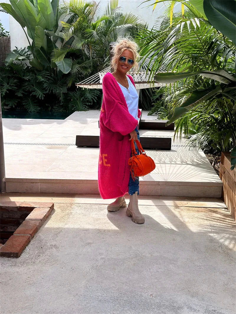 Finja - Damen Lange Strickjacke im Hippie-Stil