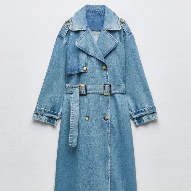 Melinda - Langer Damen Trenchcoat Blau mit Gürtel