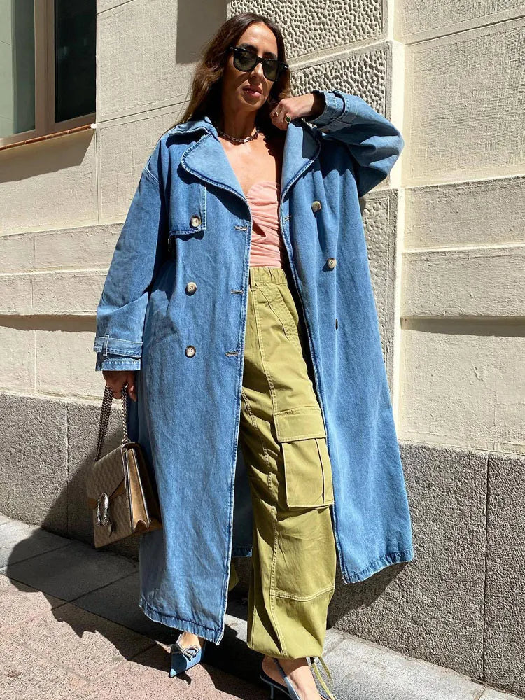 Melinda - Langer Damen Trenchcoat Blau mit Gürtel