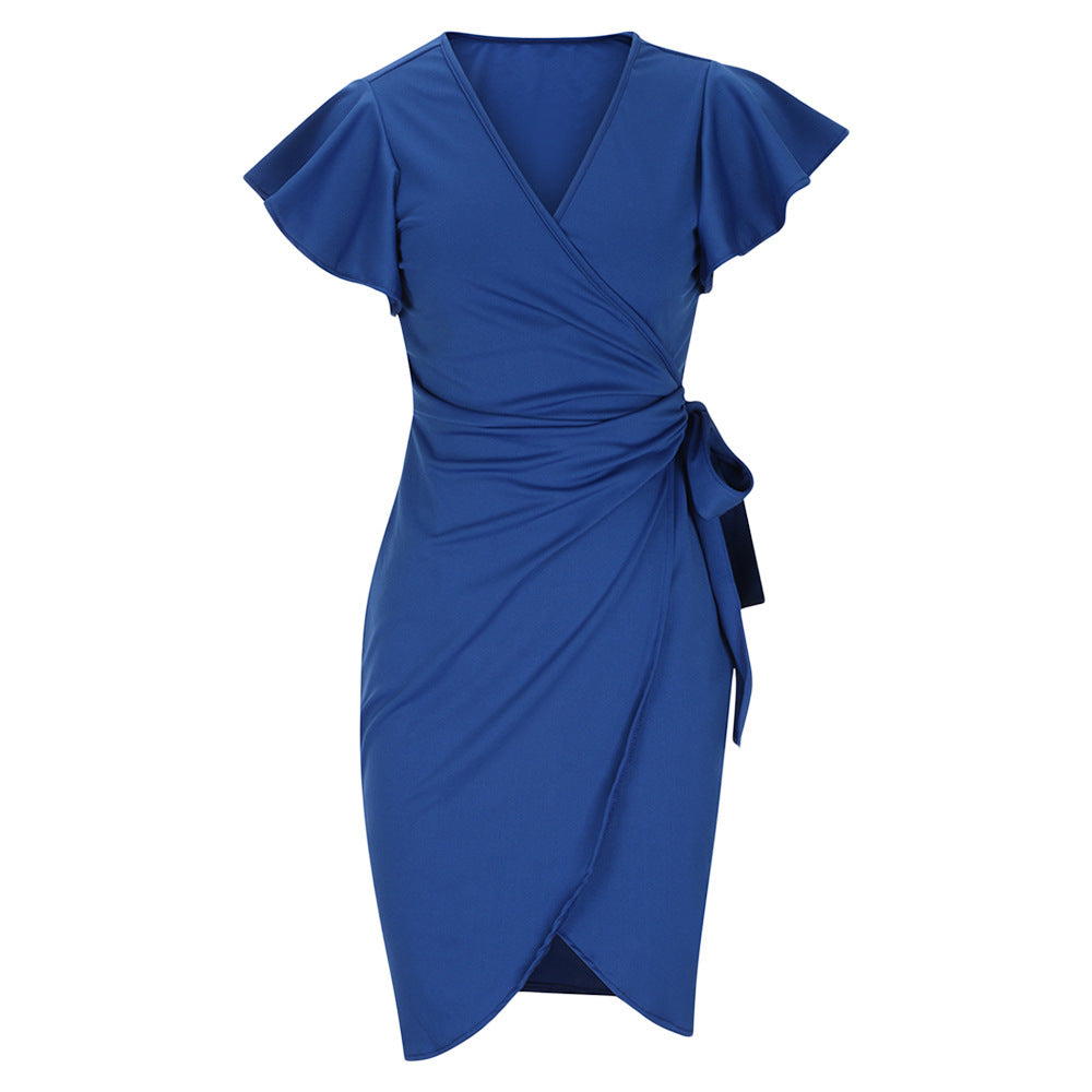 Edda – Enges V-Ausschnitt Kleid mit Falten und Glockenärmeln Blau