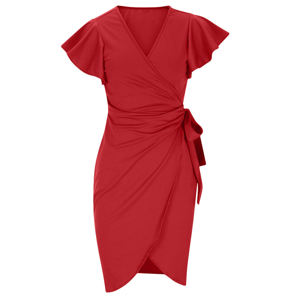 Edda – Enges V-Ausschnitt Kleid mit Falten und Glockenärmeln Rot