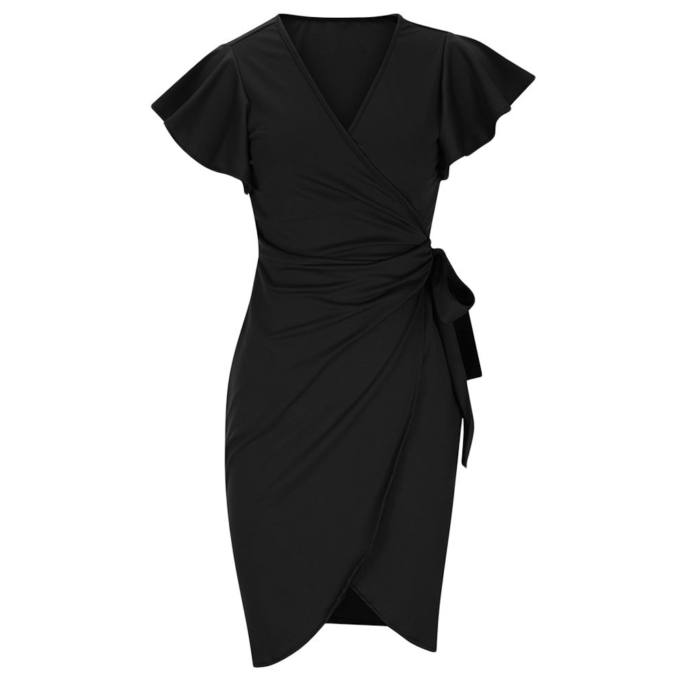 Edda – Enges V-Ausschnitt Kleid mit Falten und Glockenärmeln Schwarz