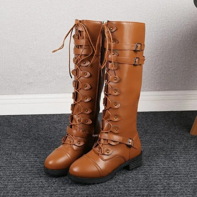 Editha - Damen Kniehohe Stiefel mit Schnürverschluss Hellbraun