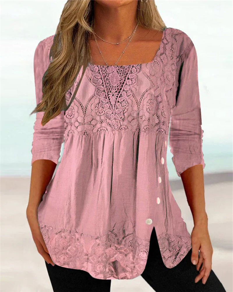 Elsbeth - Damen Sommerbluse mit langen Ärmeln und eckigem Ausschnitt Rosa