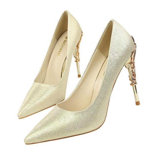 Ernestine - Elegante Damen Pumps für Hochzeit und besondere Anlässe mit Metallabsatz Gold