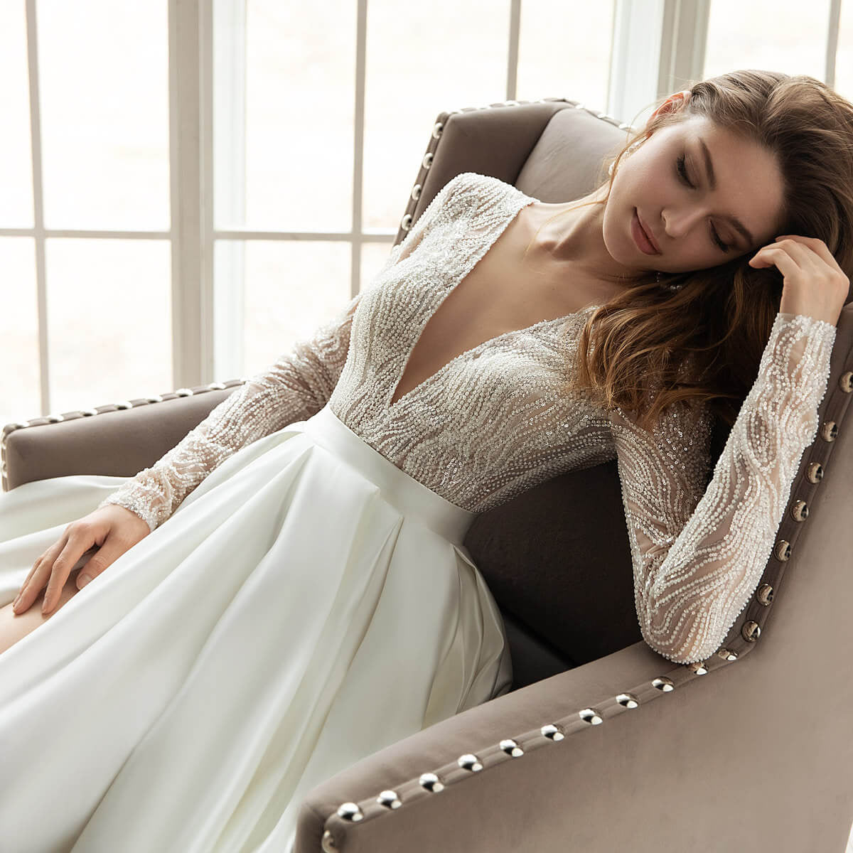 Ester- Damen Hochgeschlossenes Brautkleid mit Spitzenärmeln und Rock Weiß 2-0-cib_6a90ff95-2a53-49eb-b396-f3cb4519b5d6