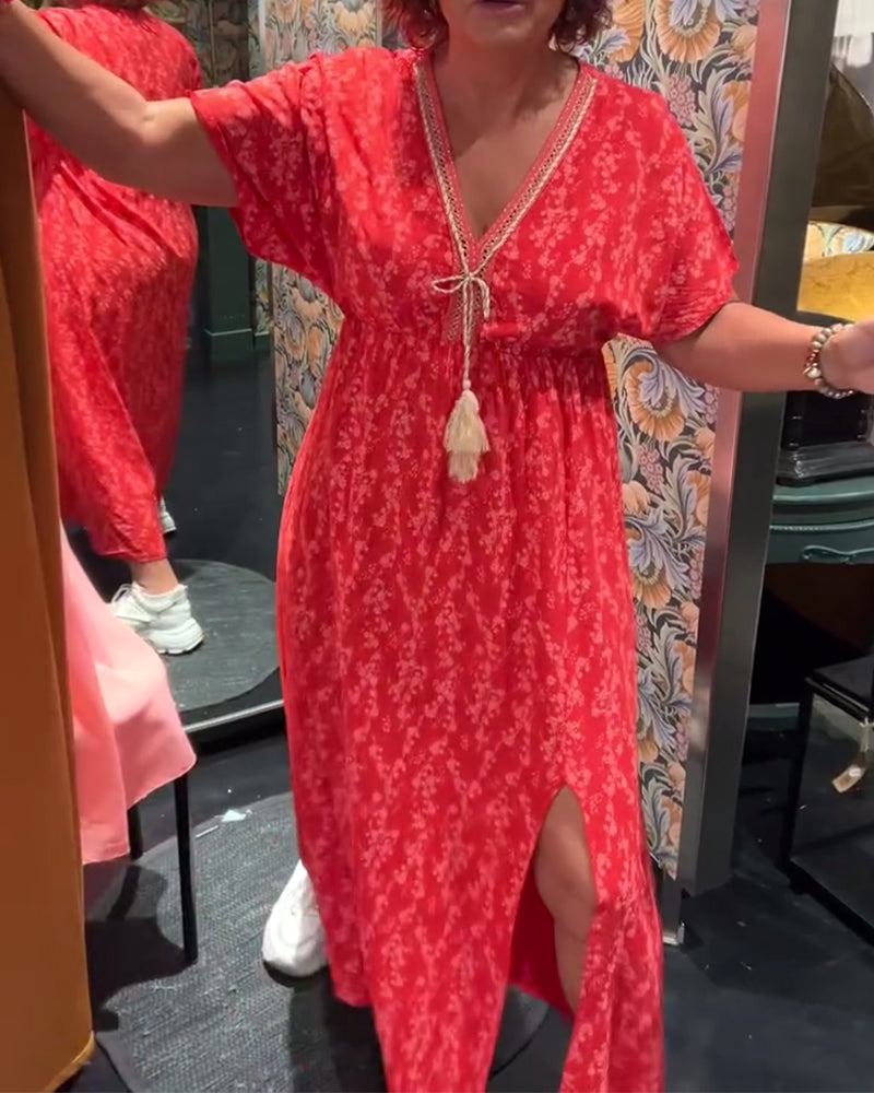 Esther- Kleid V-Ausschnitt Schlitz Sexy Rot
