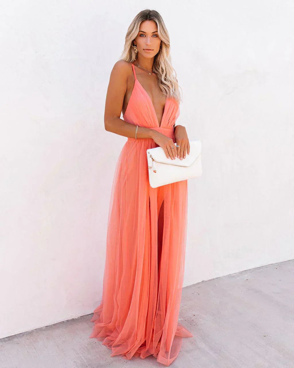 Eugénie – Pinkes Sommer-Maxikleid mit tiefem V-Ausschnitt Orange 4