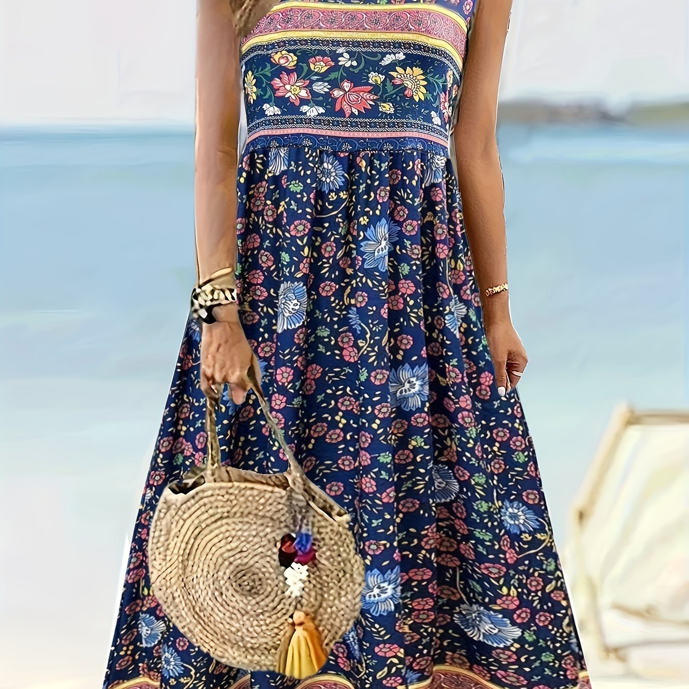 Fabrizia – Ärmelloses A-Linien-Kleid mit Blumenprint und Rundhalsausschnitt Blaues Meer 2