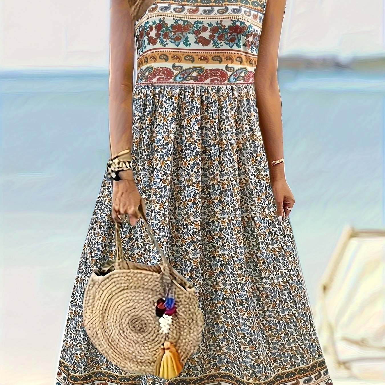 Fabrizia – Ärmelloses A-Linien-Kleid mit Blumenprint und Rundhalsausschnitt Ingwerfarben 2