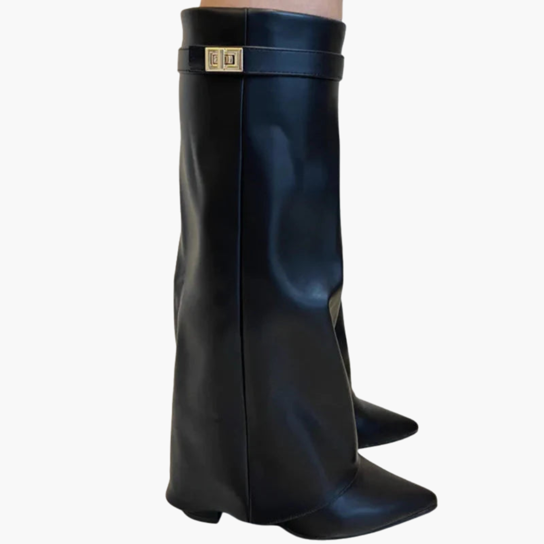 Feline - Kniehohe Damenstiefel mit Schnalle Schwarzes Leder