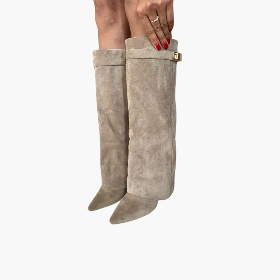 Feline - Kniehohe Damenstiefel mit Schnalle Taupe
