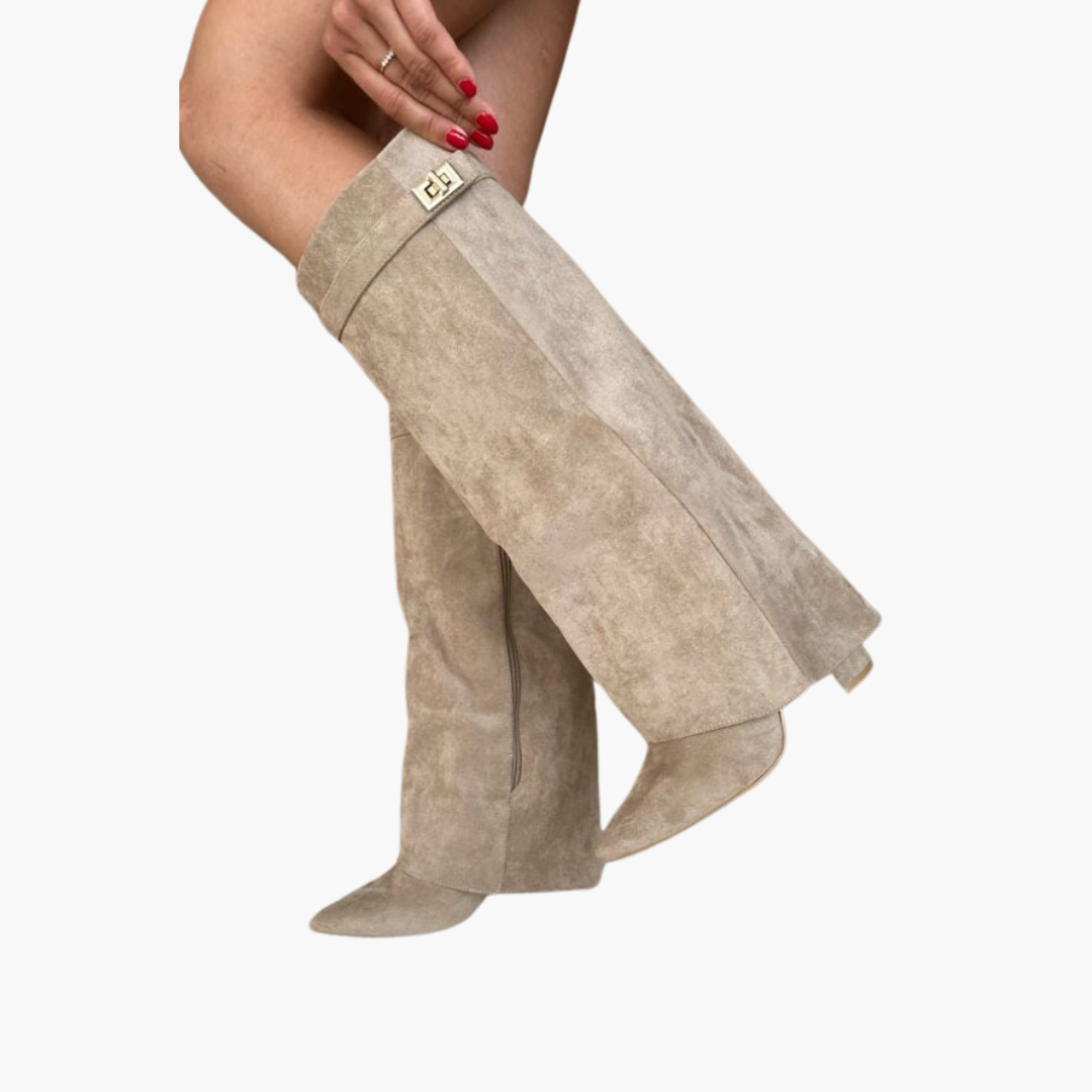 Feline - Kniehohe Damenstiefel mit Schnalle Taupe 2