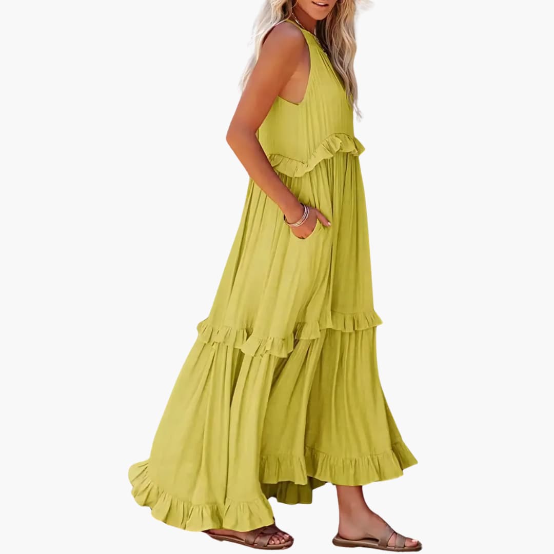 Fidesia – Stufiges Maxikleid mit Rüschen für Damen Gelb