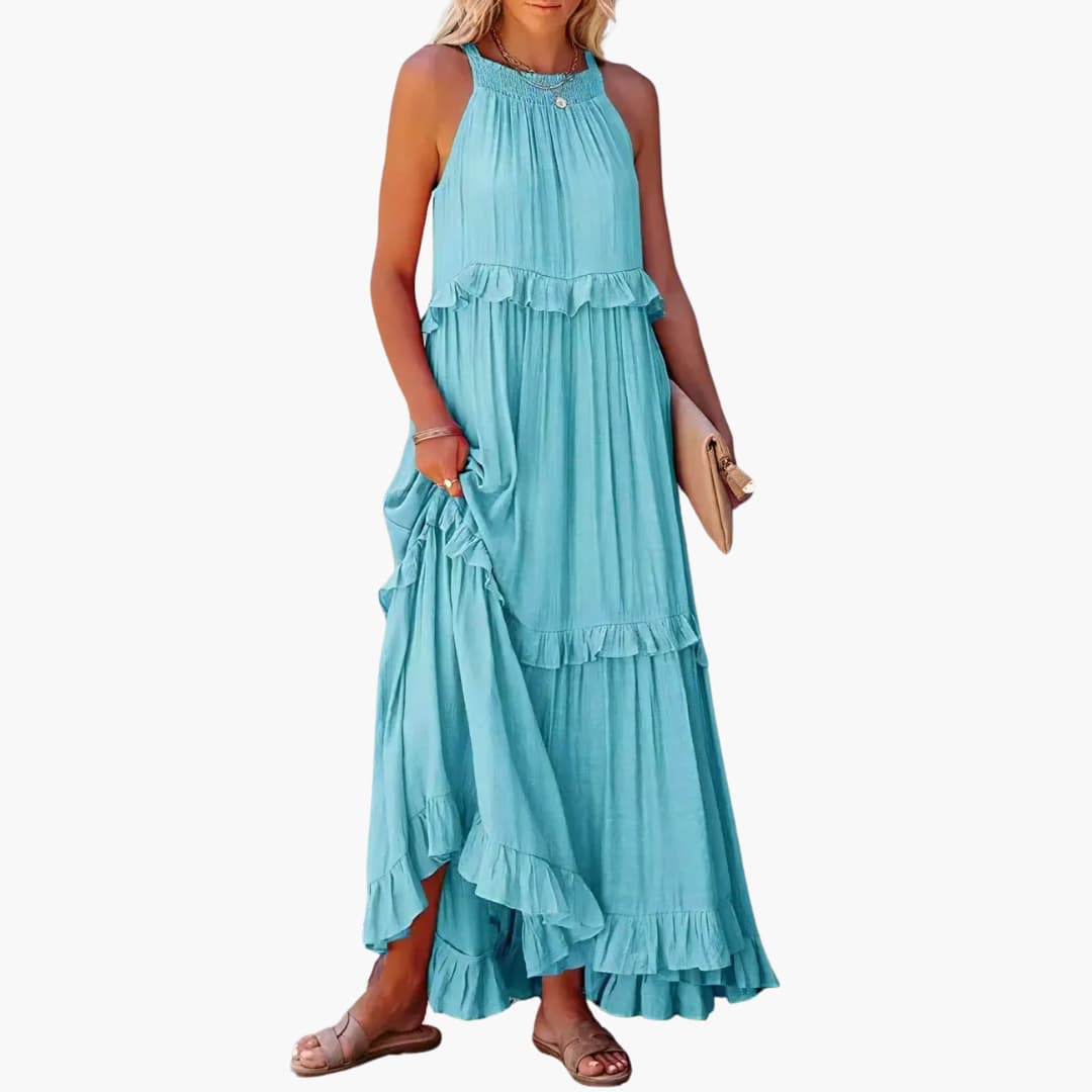Fidesia – Stufiges Maxikleid mit Rüschen für Damen Himmelblau