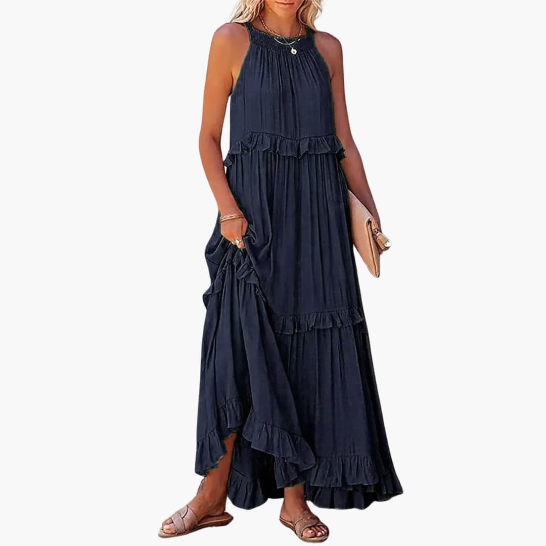 Fidesia – Stufiges Maxikleid mit Rüschen für Damen Marineblau