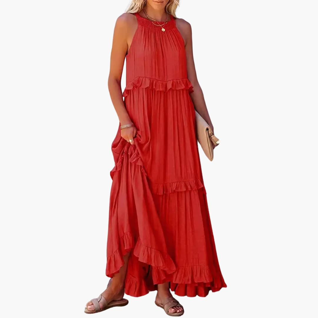 Fidesia – Stufiges Maxikleid mit Rüschen für Damen Rot