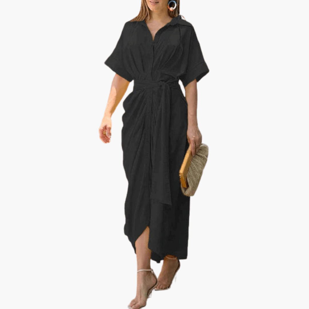 Filomena – Hemdblusenkleid mit Gürtel & Blumenmuster Schwarz