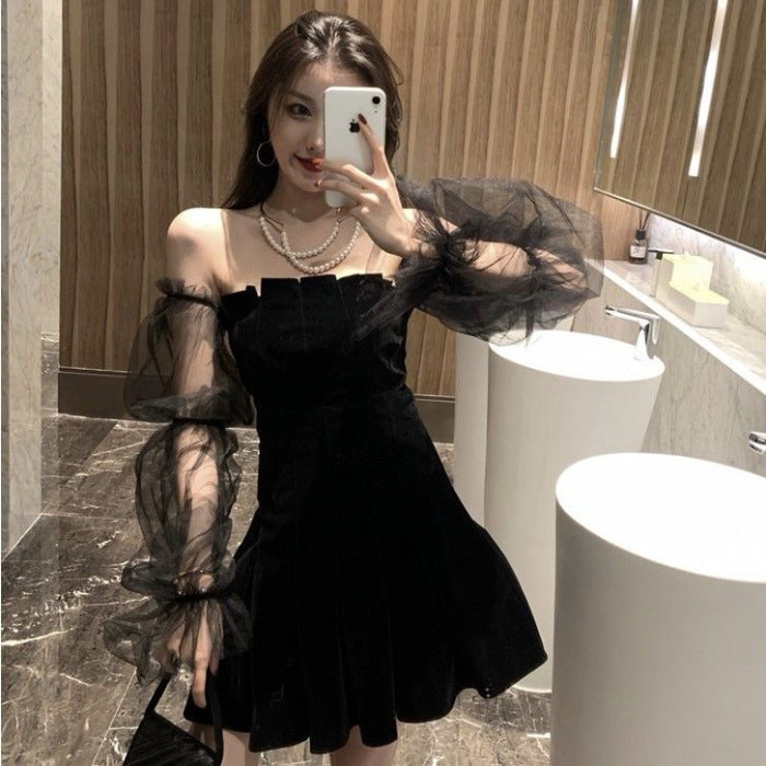 Florentina – Off-Shoulder Taillenkleid mit Mesh und Puffärmeln Schwarz
