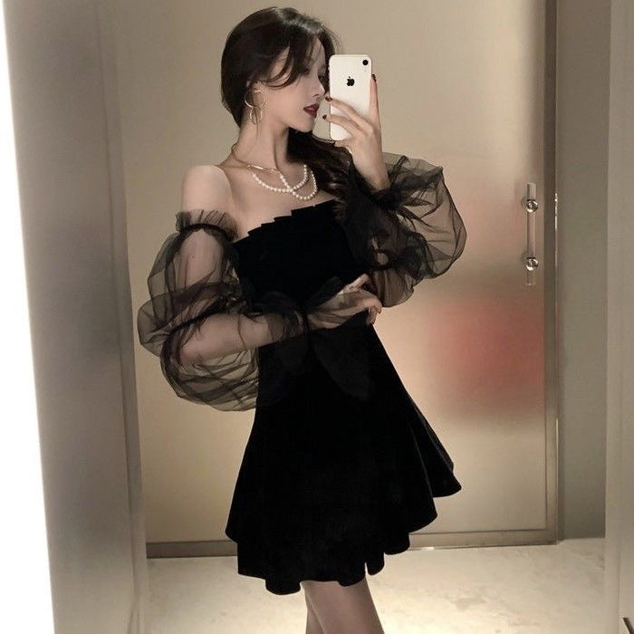 Florentina – Off-Shoulder Taillenkleid mit Mesh und Puffärmeln Schwarz