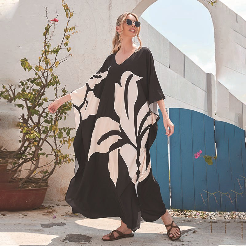 Géraldine- Damen Maxi Kaftan mit floralem Design Schwarz-Weiß 1-0-cib